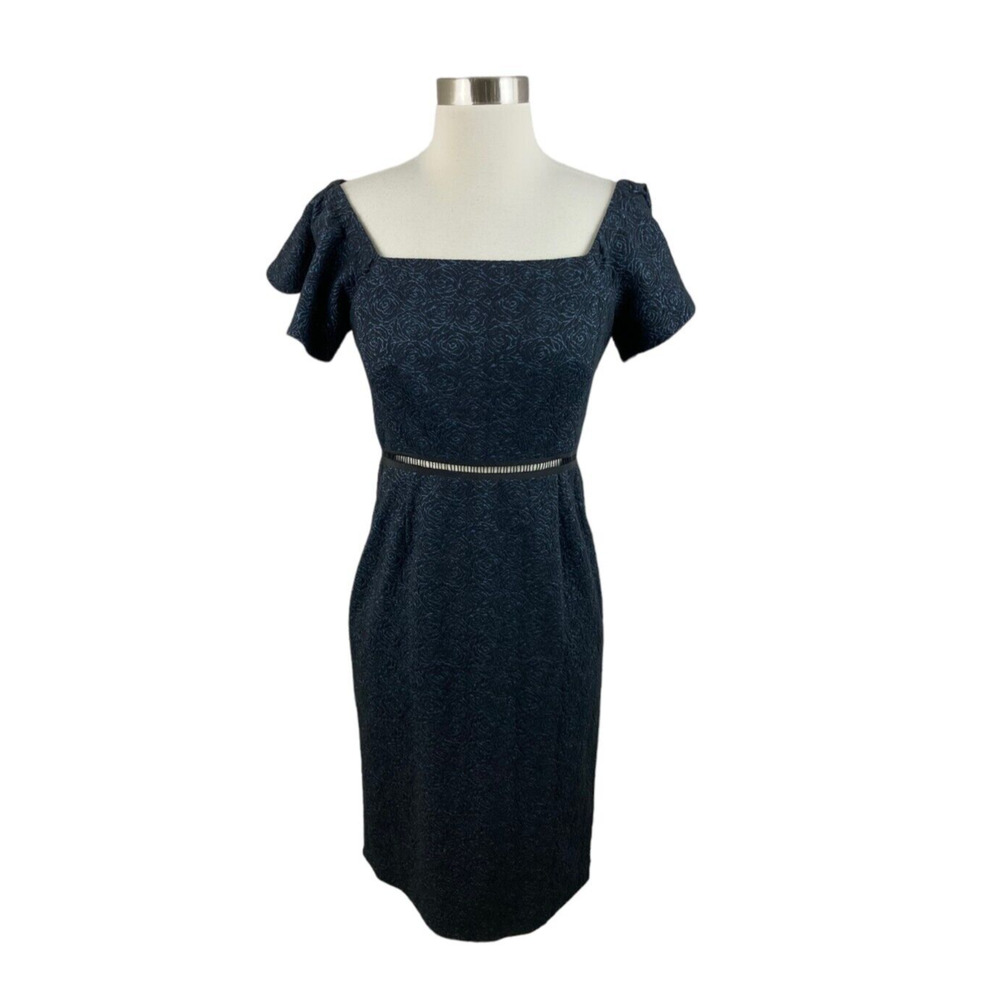 Rebecca Taylor NEW Blue Black Texture Crochet Waist Off Shoulder Sheath Dress 2